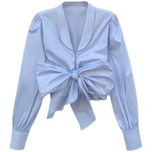 Mode Grand Arc Conception Blouse Courte Femmes Chemises Printemps À Manches Longues Bleu Blusas De Mujer Dames Crop Tops 210514