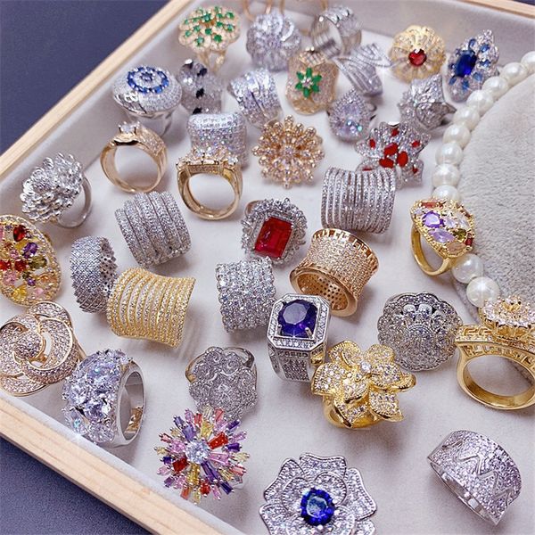 Mode grande bague en pierres précieuses pour femmes bague en diamant Zircon complet industrie lourde luxe Joint cuivre anneaux bijoux colorés