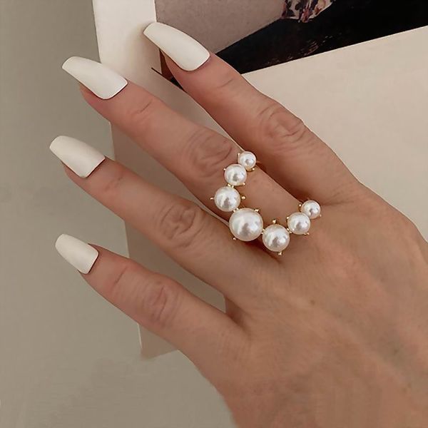 Fashion Big Geometric Pearl Paveed Rings for Women New Double Layer Jewelry Personomy Story Open Ring Adjustable Bijoux Wholesale YMR032