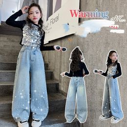 Mode Grote meisjes schijnt losse jeans oude kinderen pailletten lange mouwen slanke T-shirt 2024 lente tieners wijde pijpen denim broek Z6596