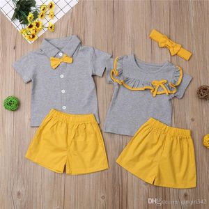 Mode groot / kleine zus broer matching zomer kleding kinderen baby meisje jongen sets korte mouw ruche tops shorts outfits 1-6Y