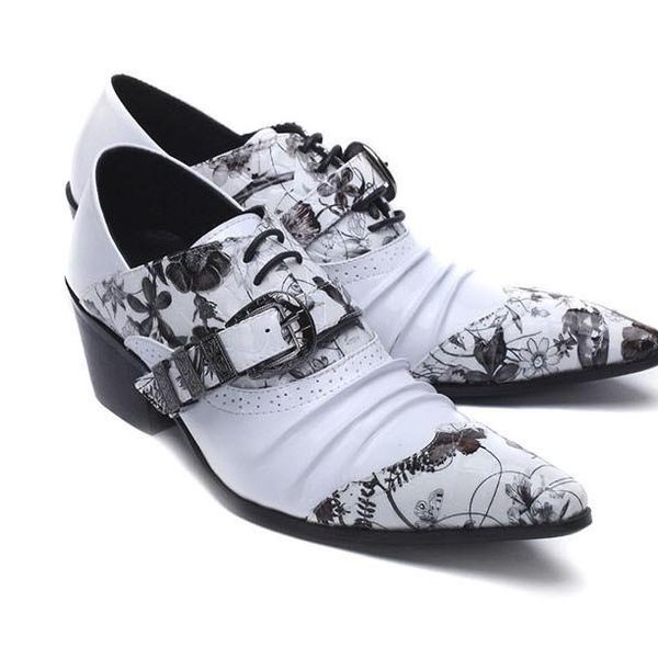Zapatos de vestir de cuero genuino en blanco y negro de moda Hombres zapatos de tacón alto con punta en punta Hombres blancos Boda, Zapatos de fiesta, Big EU38-46
