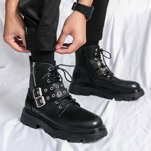 Mode zwarte enkel man trendy platform antislip hoge laarzen voor heren lederen streetwear outdoor heren bikerlaars met rits