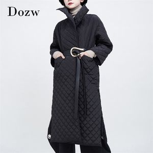 Mode Black Argyle Long Parka Winter Streetwear Side Split Pockets Jas Coltrui Sleeve Patded Jacket 210515