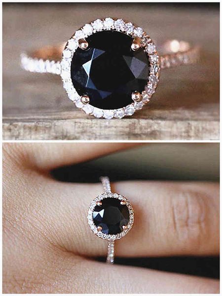 Mode noir cristal zircon diamants pierres précieuses anneaux pour femmes ton or rose bijoux bague accessoires de fête cadeaux