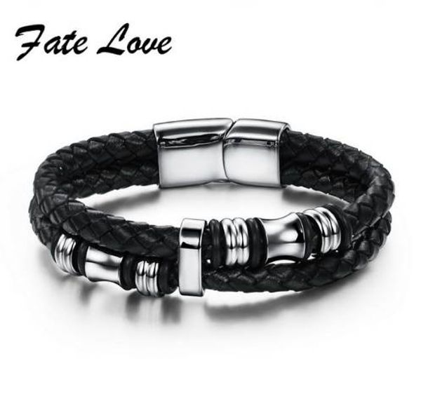 Bracelet en cuir tressé Double couche noir pour hommes, en acier inoxydable et argent, avec boucle magnétique FL911