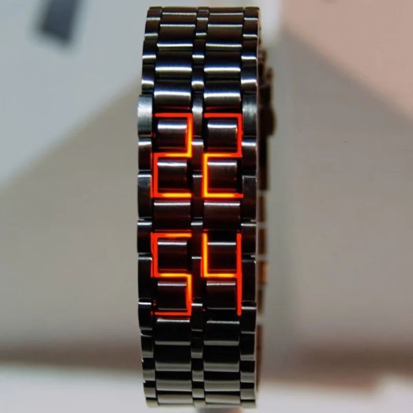 Moda Black Full Metal Digital Lava Wrist Watch Men Blue Led Display Menses Regalos para Boy Male Sport Creative Clock 240523