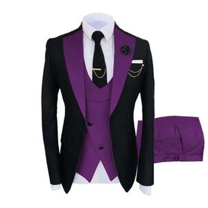Fashion Black Groom Tuxedos Purple Notch Lapel Slim Fit Groomsmen Mens Wedding Dress Excellent Man Jacket Blazer 3 Piece Suit(Jacket+Pants+Vest+Tie) 959
