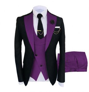 Mode Noir Marié Tuxedos Violet Encoche Revers Slim Fit Garçons D'honneur Hommes Robe De Mariée Excellent Homme Veste Blazer 3 Pièces Costume Veste Pantalon Gilet Cravate 961