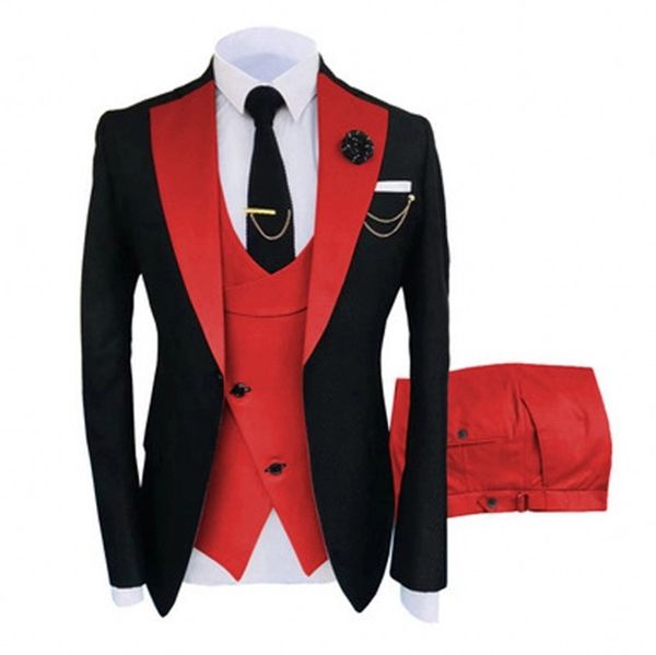 Moda Negro Novio Esmoquin Rojo Muesca Solapa Slim Fit Padrinos de boda para hombre Vestido de novia Excelente Hombre Chaqueta Blazer Traje de 3 piezas Chaqueta Pantalones Chaleco Corbata 960