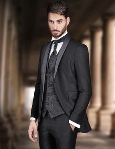 Mode Noir Marié Tuxedos Châle Revers Garçons D'honneur Robe De Mariée Pour Hommes Excellent Homme Veste Blazer 3 Pièces Costume (Veste + Pantalon + Gilet + Cravate) 966