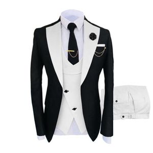 Mode Noir Groom Tuxedos Blanc Notch Lapel Slim Fit Garçons D'honneur Hommes Robe De Mariée Excellent Homme Veste Blazer 3 Pièce Costume (Veste + Pantalon + Gilet + Cravate) 960