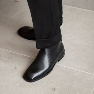 Fashion noire demi-bottes carré orteil en cuir authentique fait à la main