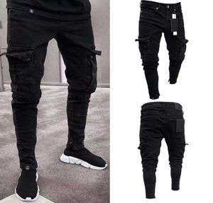 Fashion Black Jean Men Denim Skinny Biker Jeans détruit un pantalon de crayon de cargaison de poche Slim Fit plus taille S3XL2398663