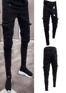 Fashion Black Jean Men Denim Skinny Biker Jeans détruit un pantalon de crayon de cargaison de poche Slim Fit plus taille S3XL7184633