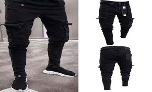 Fashion Black Jean Men Denim Skinny Biker Jeans détruit pantalon de cargaison de poche à ajustement slim effiloché plus taille S3xl9826736