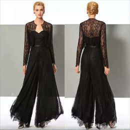 Mode Black Lace Jumpsuit Moeder van de bruid Pant Pakken lieverd nek bruiloft gast jurk met jassen plus size moeders bruidegomjurken 0509