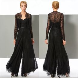 Fashion Black Lace Jumpsuit Moeder van de bruid Pant Suits Sweetheart Neck Wedding Guestjurk met jassen plus size moeders bruidegomjurken