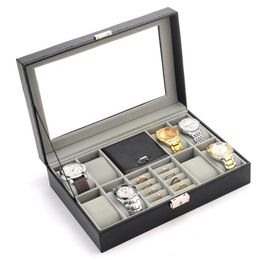 Boîte de montre en cuir noir à 8 grilles, boîtier de bague, organisateur de montre, présentoir de bijoux, mallette de rangement avec couvercle en verre, 193z