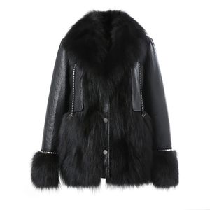 Mode Noir Veste En Cuir Femmes Vêtements Réel Manteaux De Fourrure De Renard Hiver Chaud Dame Survêtement Véritable Peau De Mouton S3504