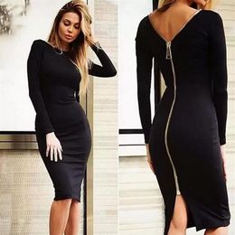 Mode Schwarz Langarm Party Kleider Frauen Kleidung Zurück Voll Zipper Robe Sexy Femme Bleistift Engen Dress275z