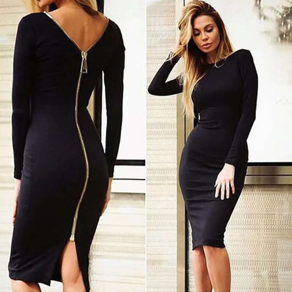 Mode noir à manches longues robes de soirée femmes vêtements dos complet Robe à glissière Sexy Femme crayon Robe serrée 443