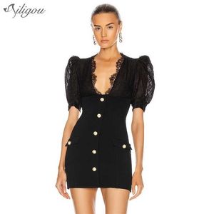 Mode zwarte mini jurk kant stiksels knop ontwerp sexy korte mouw beroemdheid partij bandage vestids 210525