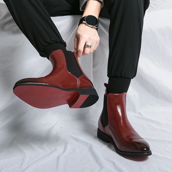 Mode noir rouge hommes Chelsea bottes automne hiver pointu talon plat bottines qualité en cuir véritable affaires bottes décontractées 240104