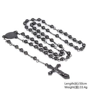 Cadena de cuentas redondas negras para hombre, collar de Rosario con crucifijo religioso de acero inoxidable 316L, joyería fresca