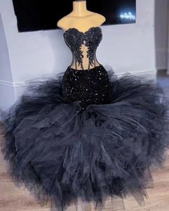 Robe de bal à paillettes noires à la mode 2024 pour filles noires chérie velours paillettes volants jupe en tulle soirée formelle robes de fête d'anniversaire robes de fieast