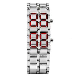 Reloj de pulsera de Lava Digital de Metal negro y plateado a la moda para hombre, relojes con pantalla LED roja y azul para hombre, regalos para hombre y niño, deporte Crea241p