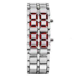 Mode Schwarz Silber Vollmetall Digital Lava Armbanduhr Männer Rot Blau LED Display Herrenuhren Geschenke für Männer Junge Sport Crea270l