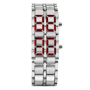 Mode Zwart Zilver Volledig Metalen Digitale Lava Polshorloge Heren Rood Blauw LED Display Heren Horloges Cadeaus voor Mannelijke Jongen Sport Crea248I