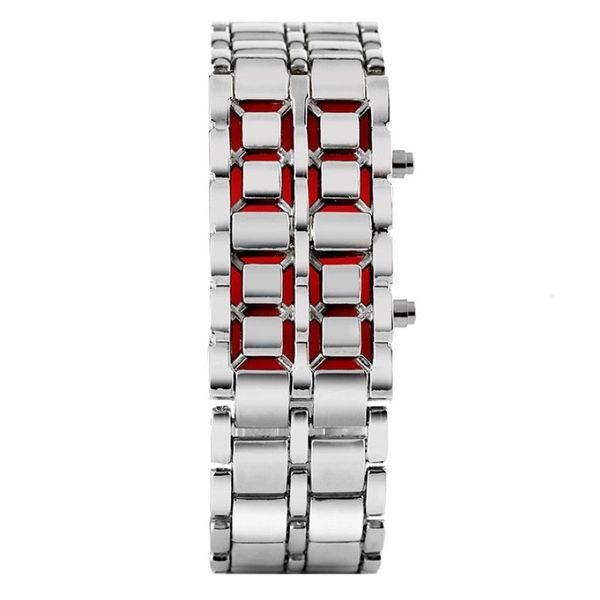 Mode noir argent plein métal numérique lave montre-bracelet hommes rouge bleu LED affichage hommes montres cadeaux pour homme garçon Sport Crea318J