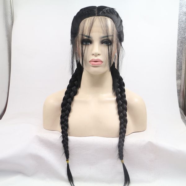 Fashion Black Wig Europe and America Hot Vendre à mi-main Hook Front Lace Chemical Fibre Coiffeur Girl Girl Wigs Windy High Temperature Silk Curly Hair Double tresse