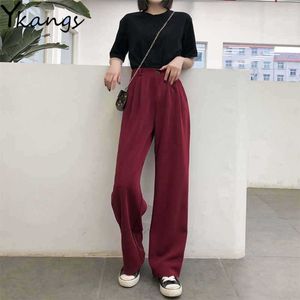 Mode Noir Vin Rouge Lâche Large Jambe Pantalon Femmes Élastique Taille Haute Pantalon Streetwear Coréen Casual Solide Pantalon Pleine Longueur 210619