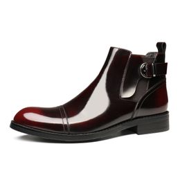 Fashion Black / Wine Red Mens Casual Shoes Patent Leather Male Ankle Boots With Buckle