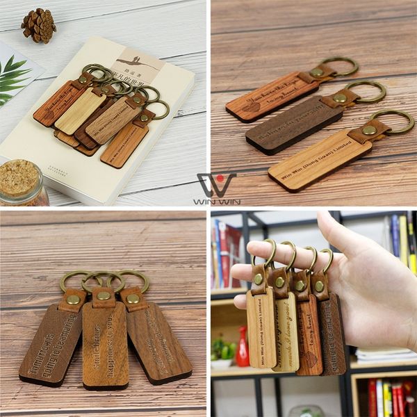 Porte-clés en bois vierge de mode porte-clés en métal sangles porte-clés en bois en cuir PU