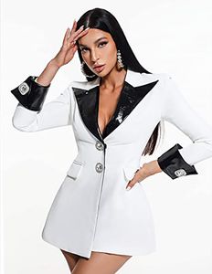 Mode Blazer Robe pour Femmes Diamant Bouton À Manches Longues En Cuir Robe Sexy Long Blazers Vestes Robe Blanc BA06