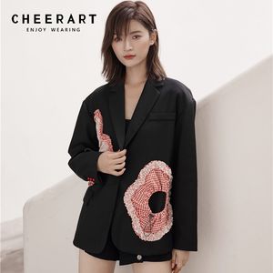 Blazer de moda para mujer, chaqueta de diseñador, abrigo negro para primavera y otoño, traje con parche floral, prendas de vestir coreanas 210427