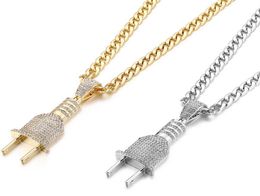 Fashion Bling Bling Electrical Plug -vorm Iced Out Out Hangers kettingen Charm Chains Goldsilver Color Men Women Hip Hop Jewelry1076325