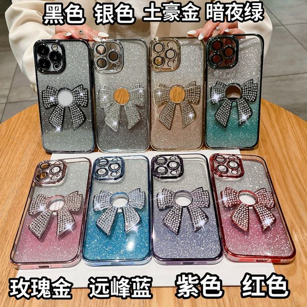 Bow Bling Gradient Glitter Soft TPU Cases pour iPhone 15 14 Plus 13 12 11 Pro Max Luxe Diamond Bowknot Chromé Placage Clear Camera Lens Protector Fine Hole Phone Cover