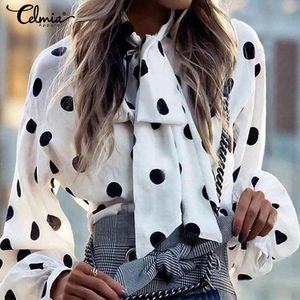 Mode blouses elegante vrouwen strikje collor polka dot shirts Celmia 2020 lente lange mouw knop werk tops Blusas plus size 7