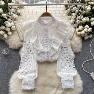 Blouses Femmes Haute Qualité Broderie Vintage Chemise Femmes Col Montant Manches Longues Volants Doux Top Creux Dentelle Lâche Blouse 2024