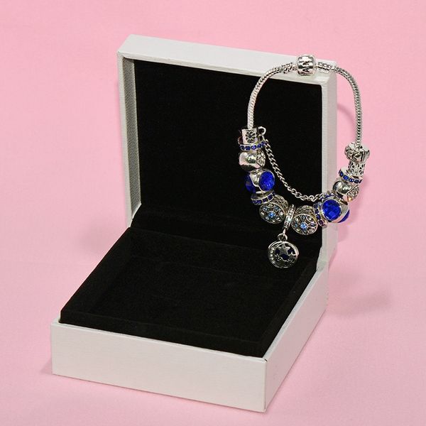 Pulsera con colgante de abalorio azul a la moda para joyería Pandora, pulsera con cuentas de luna y estrella plateada DIY con caja