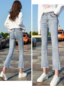 Mode Blauwe Bontgevoerde Enkellange Jeans Met Hoge Taille Dames Casual Lim-Fit Denim Broek Vrouwelijke Meisjes Vintage Bell-Bottoms 240309