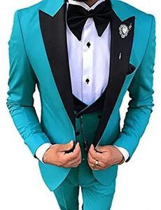 Mode Bleu Marié Tuxedos Noir Peak Revers Garçons D'honneur Robe De Mariée Pour Hommes Excellent Homme Veste Blazer Costume 3 Pièces (Veste + Pantalon + Gilet + Cravate) 1816