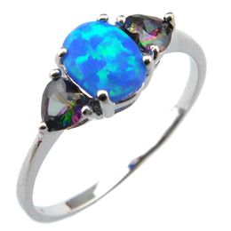 Mode blauwe opaalring; mystieke regenboog steen sieraden ring