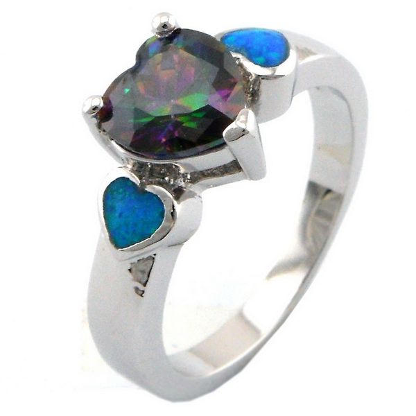 anillo de ópalo azul de moda; Diseño de corazón de anillo de joyería de piedra de arco iris místico