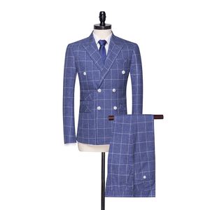 Conjunto de esmoquin y ropa de trabajo de oficina para hombre, esmoquin de novio con doble botonadura a cuadros azules a la moda, 2 (chaqueta + pantalones)